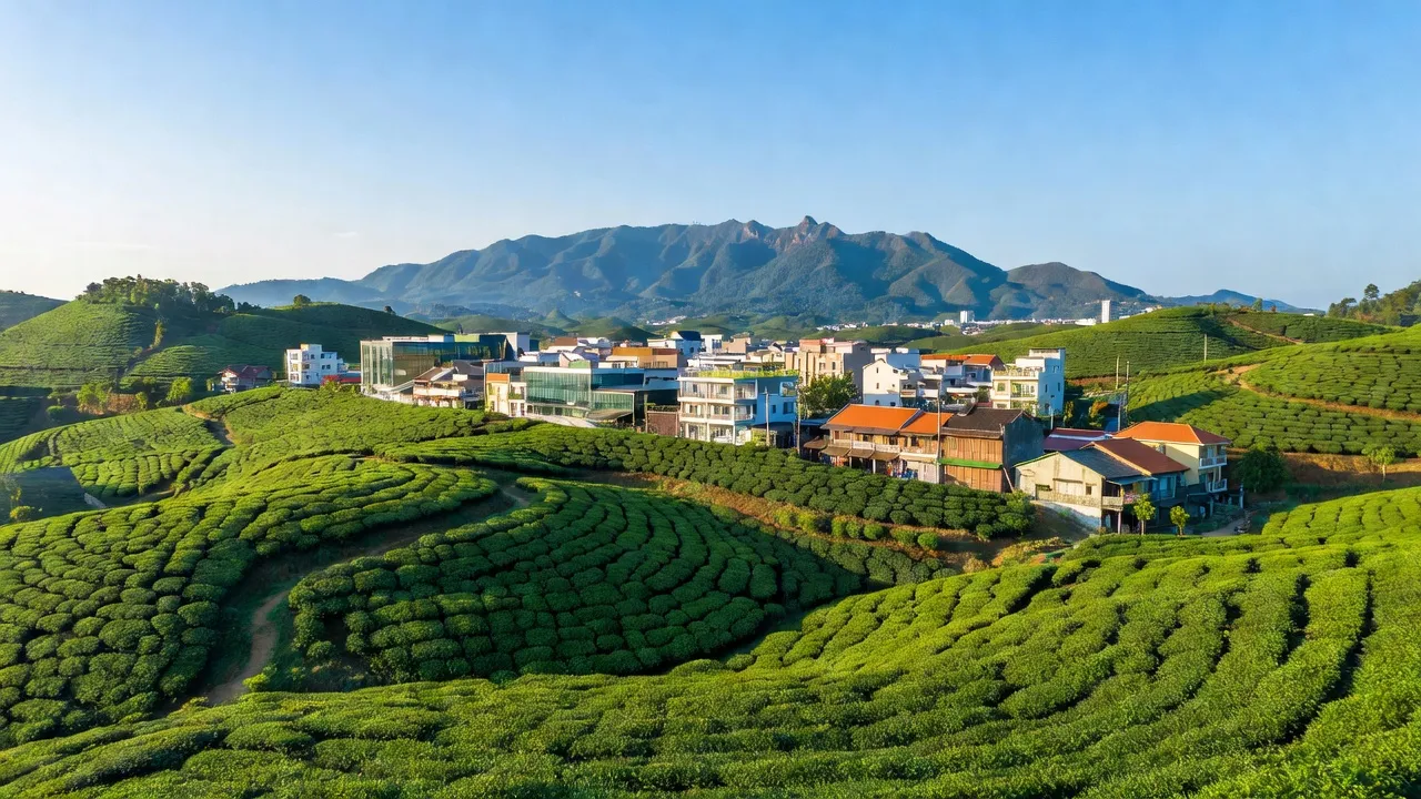 Khung cảnh thành phố Bảo Lộc, tỉnh Lâm Đồng với đồi trà xanh tươi đẹp và bầu trời trong xanh.