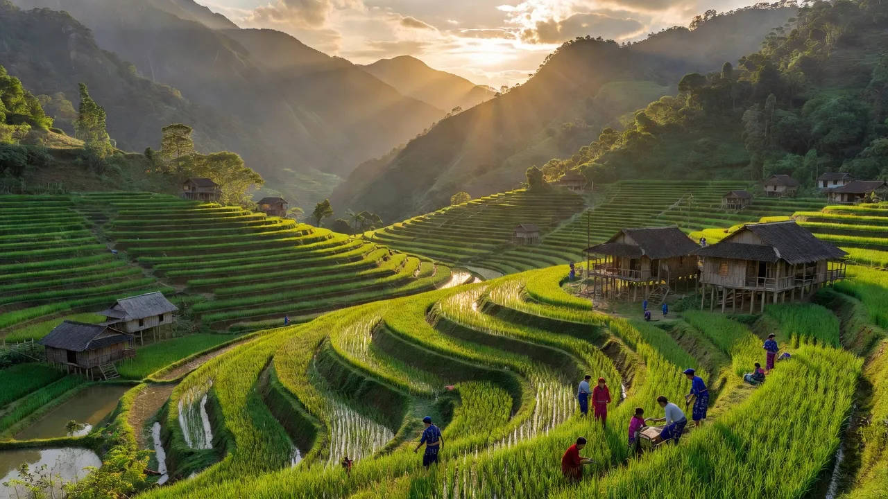 Khung cảnh huyện Đạ Huoai, Lâm Đồng với đồi núi xanh mát và ruộng bậc thang rực rỡ.