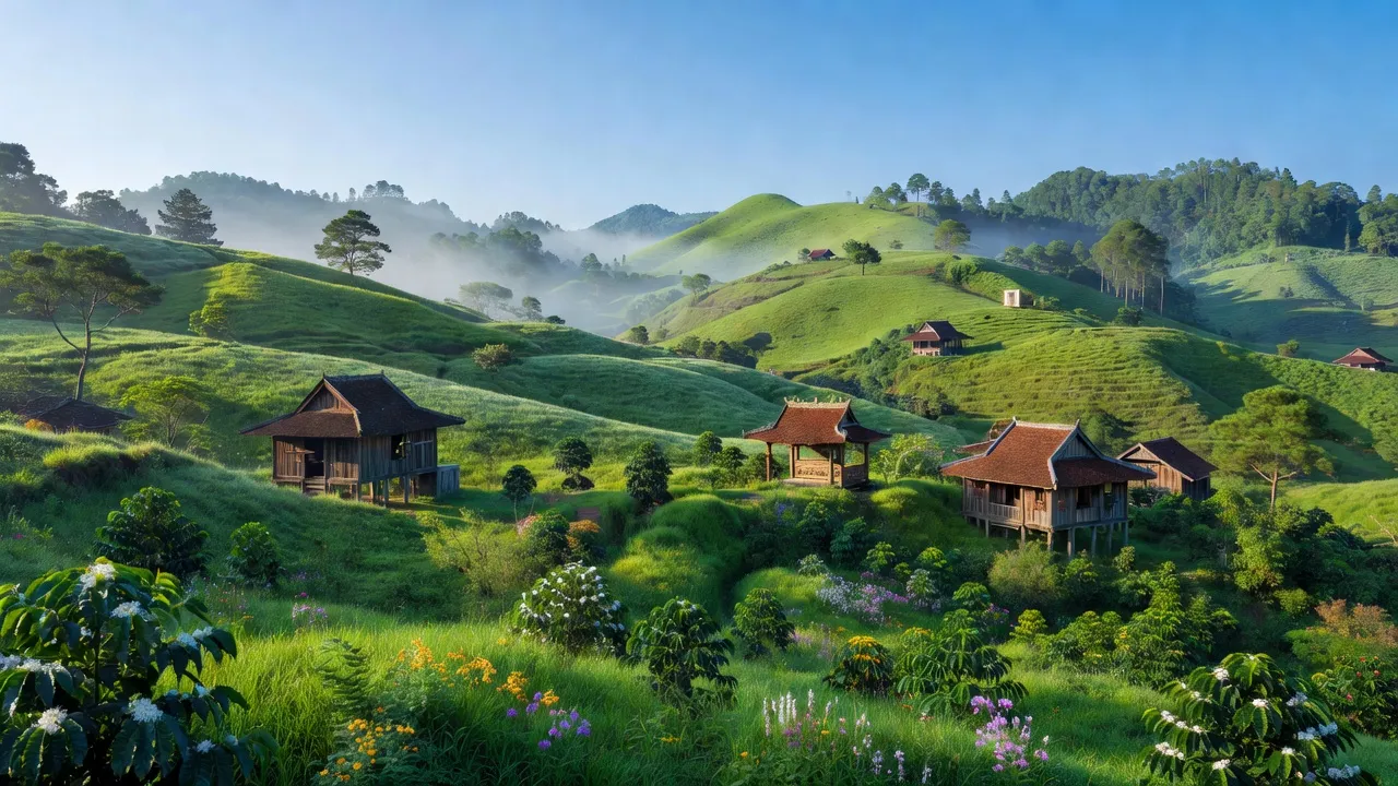 Quang cảnh huyện Đạ Huoai, Lâm Đồng với đồi núi, cây cỏ xanh tươi và kiến trúc địa phương.