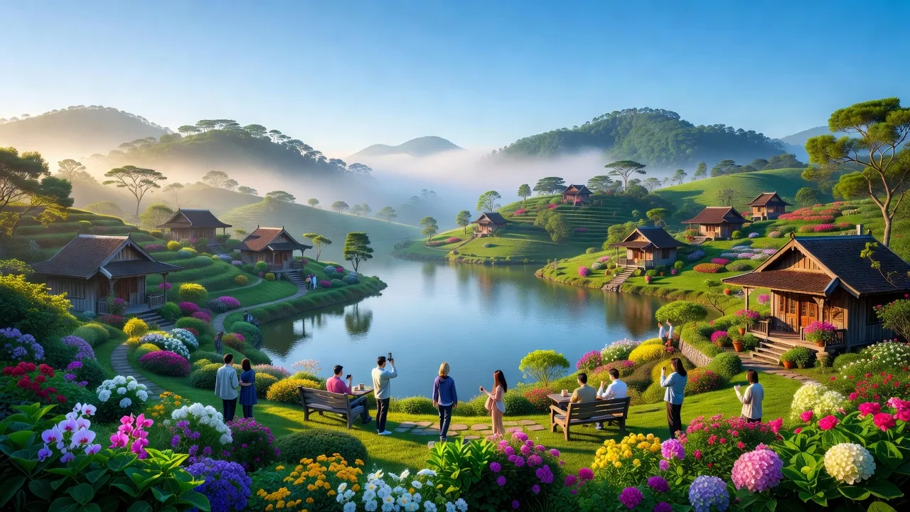 Thành phố Đà Lạt với hoa nở rộ và cảnh sắc thiên nhiên thơ mộng, nơi nghỉ dưỡng lý tưởng.