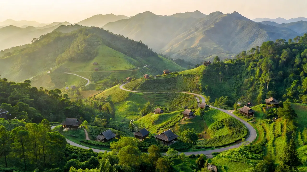 Cảnh sắc huyện Di Linh, tỉnh Lâm Đồng với núi xanh và nhà truyền thống Việt Nam.