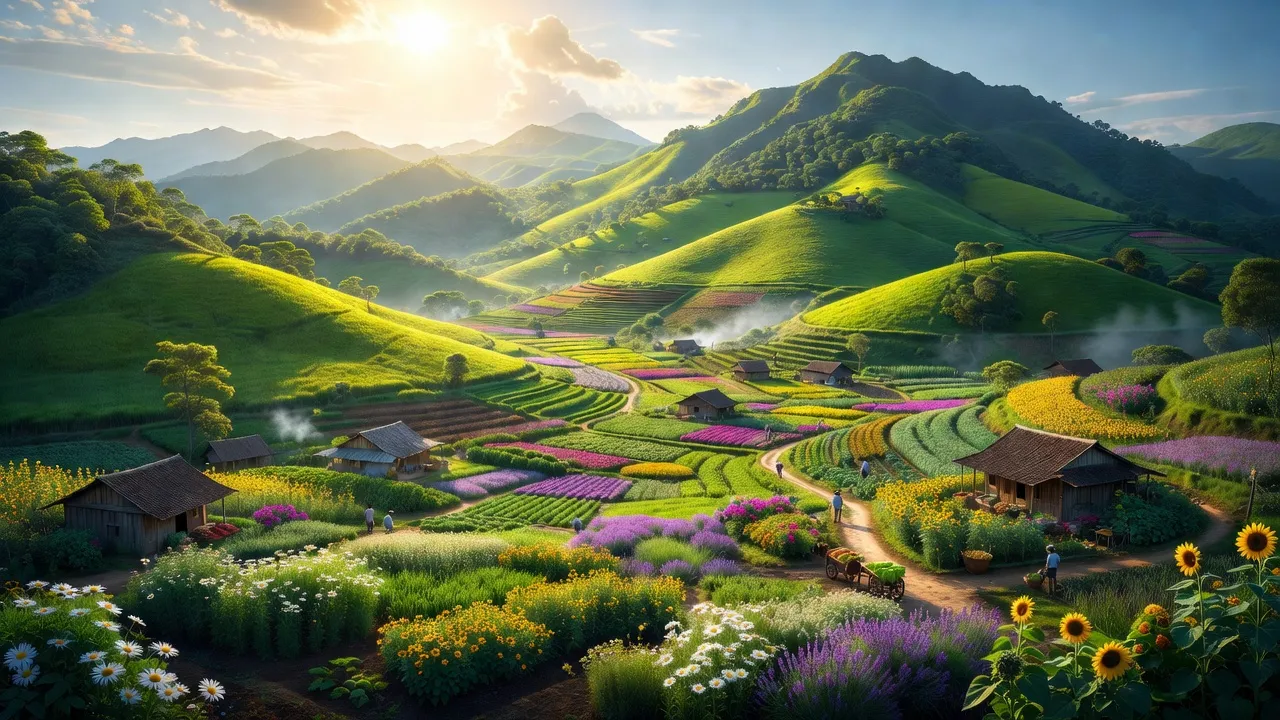 Phong cảnh Huyện Đơn Dương, Lâm Đồng với đồi núi và thung lũng xanh, nổi bật vẻ đẹp thiên nhiên.