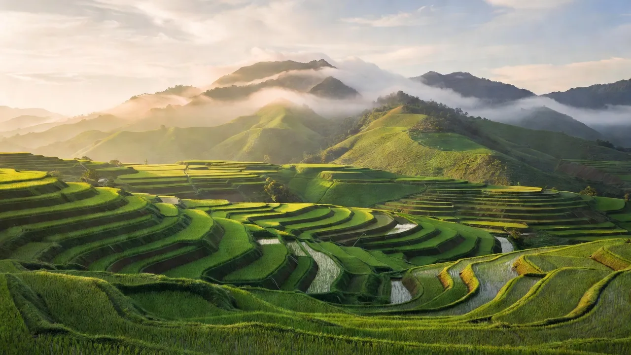 Khung cảnh huyện Đức Trọng, Lâm Đồng với đồi núi, ruộng bậc thang và mây trời đẹp.
