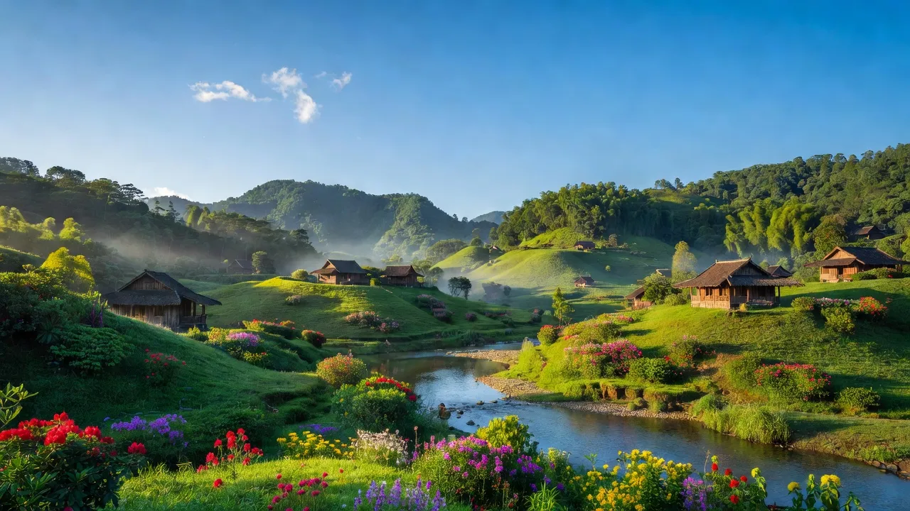 Cảnh quan huyện Lạc Dương, Lâm Đồng với núi xanh, nhà gỗ và sông trong trẻo.