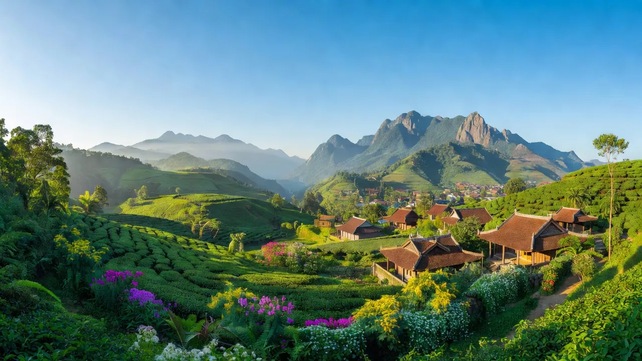 Cảnh quan huyện Lạc Dương, tỉnh Lâm Đồng với núi cao và thung lũng xanh tươi.
