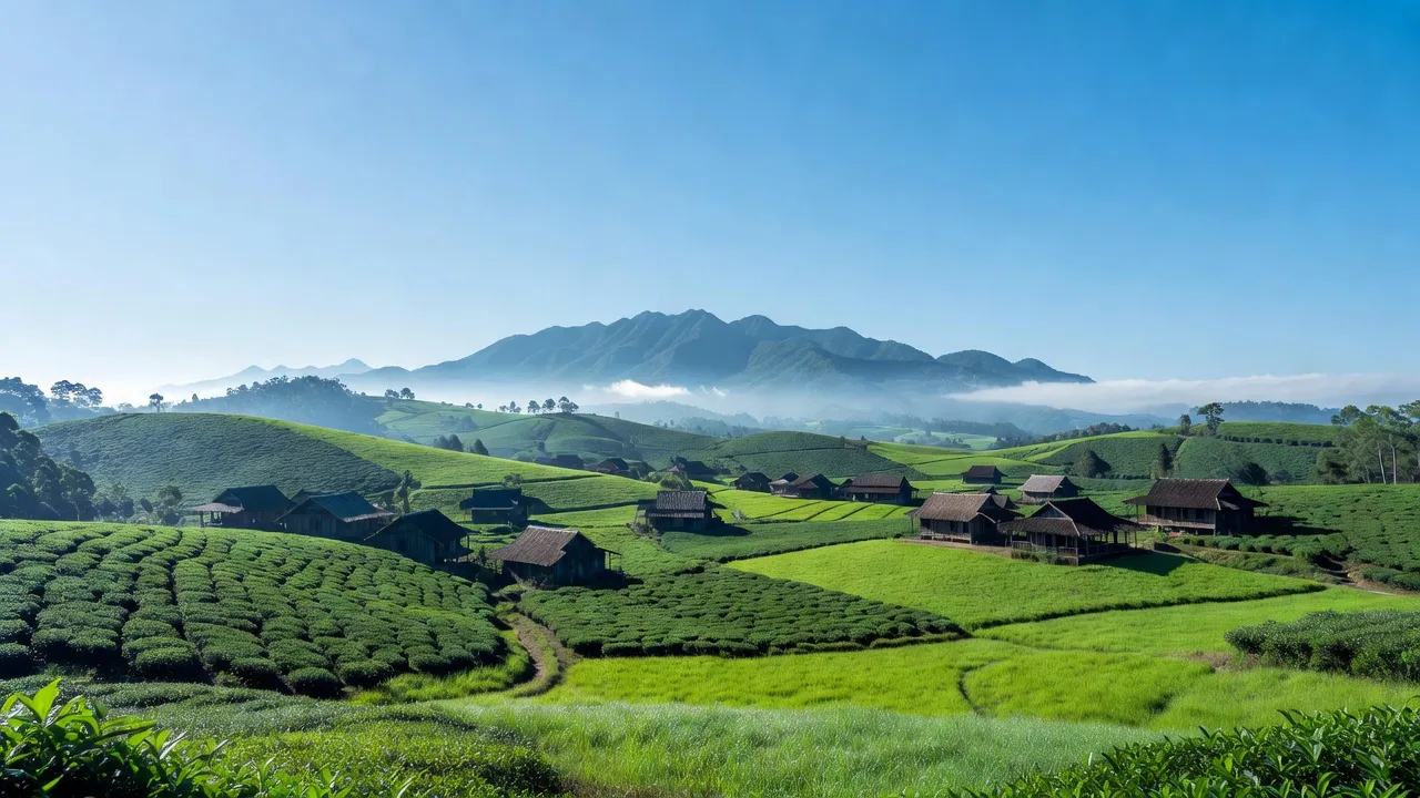 Khung cảnh huyện Lâm Hà, Lâm Đồng với đồi núi, cánh đồng xanh và nhà gỗ truyền thống.