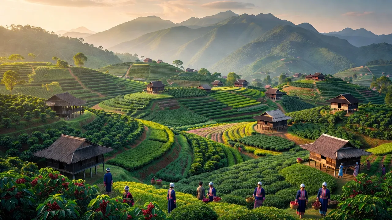 Khung cảnh huyện Lâm Hà, tỉnh Lâm Đồng với núi non xanh tươi và cộng đồng đa dạng.