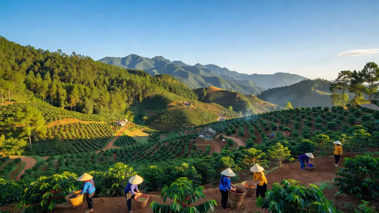 Khung cảnh tỉnh Lâm Đồng, Việt Nam với rừng thông, đồi cà phê và bầu trời xanh.