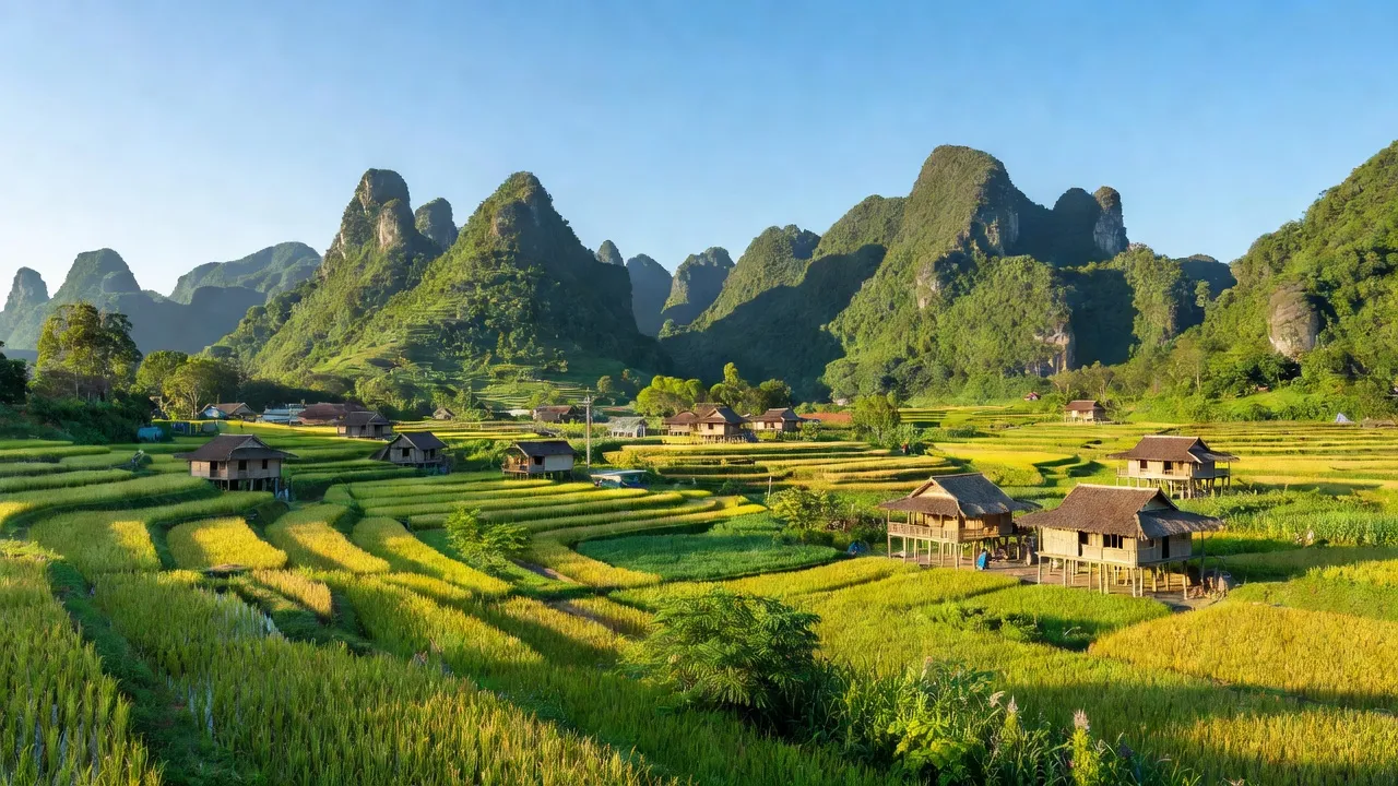 Khung cảnh huyện Bắc Sơn, Lạng Sơn với núi cao, thung lũng xanh và nhà truyền thống Việt Nam.