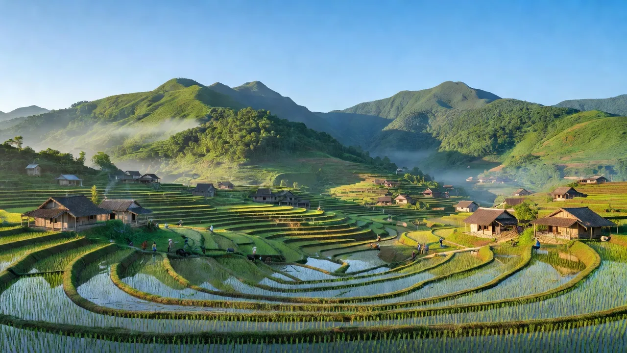 Cảnh đẹp xã Tân Hương, huyện Bắc Sơn, tỉnh Lạng Sơn với đồi núi xanh tươi và ruộng bậc thang.