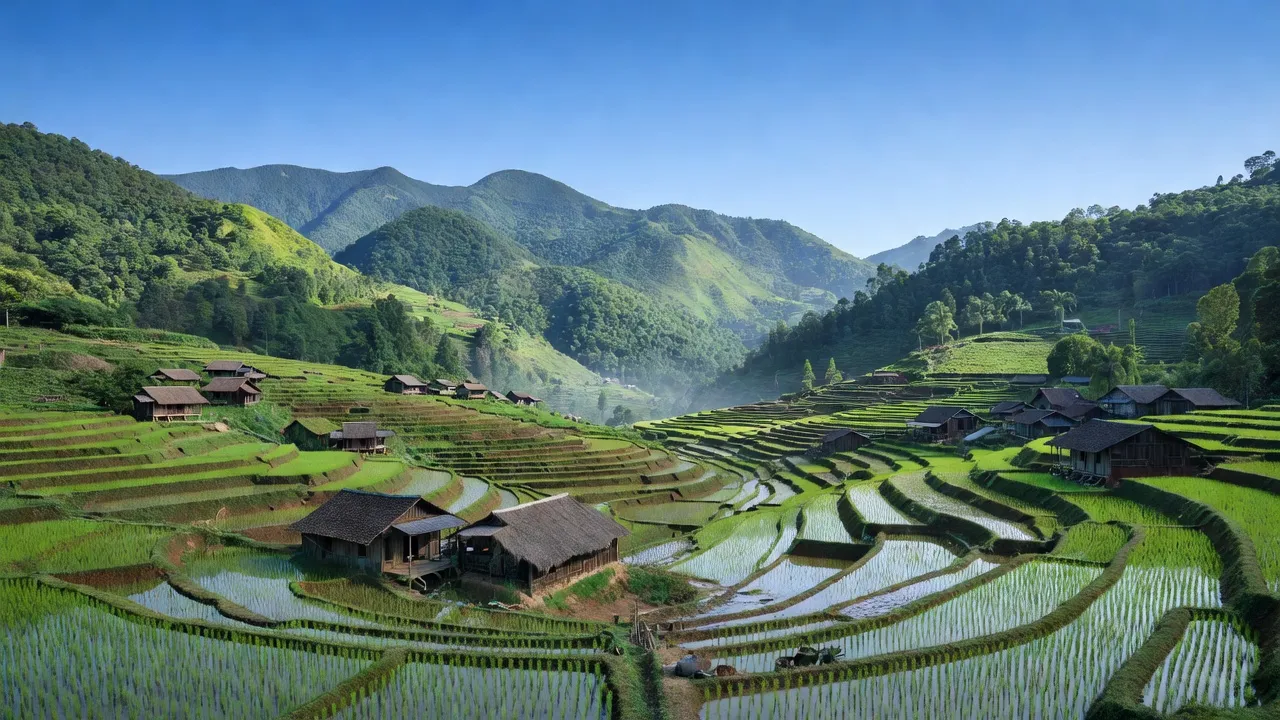 Cảnh quan Xã Vũ Lễ, huyện Bắc Sơn, tỉnh Lạng Sơn với núi non xanh tươi và ruộng bậc thang.