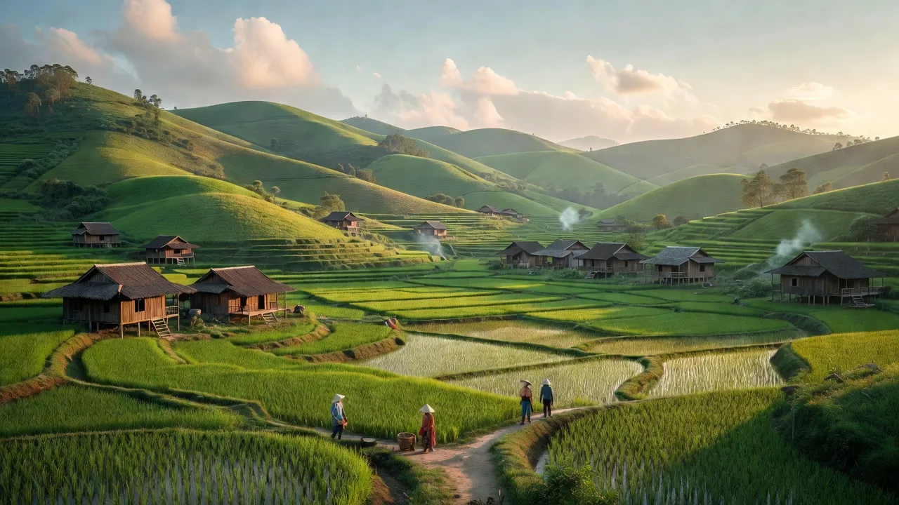 Khung cảnh làng Bình La, huyện Bình Gia, tỉnh Lạng Sơn với đồi núi và ruộng bậc thang xanh tươi.