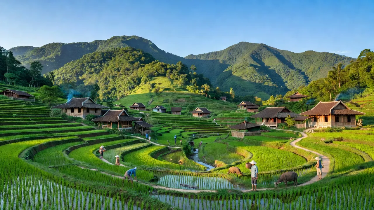 Khung cảnh Xã Yên Lỗ, huyện Bình Gia với núi non xanh và nhà truyền thống giữa thiên nhiên.