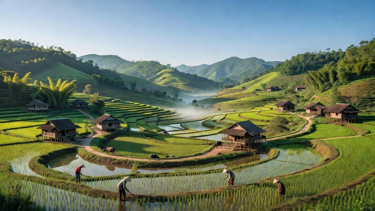 Khung cảnh xã Hợp Thành, huyện Cao Lộc, tỉnh Lạng Sơn với đồi núi xanh tươi và thung lũng.