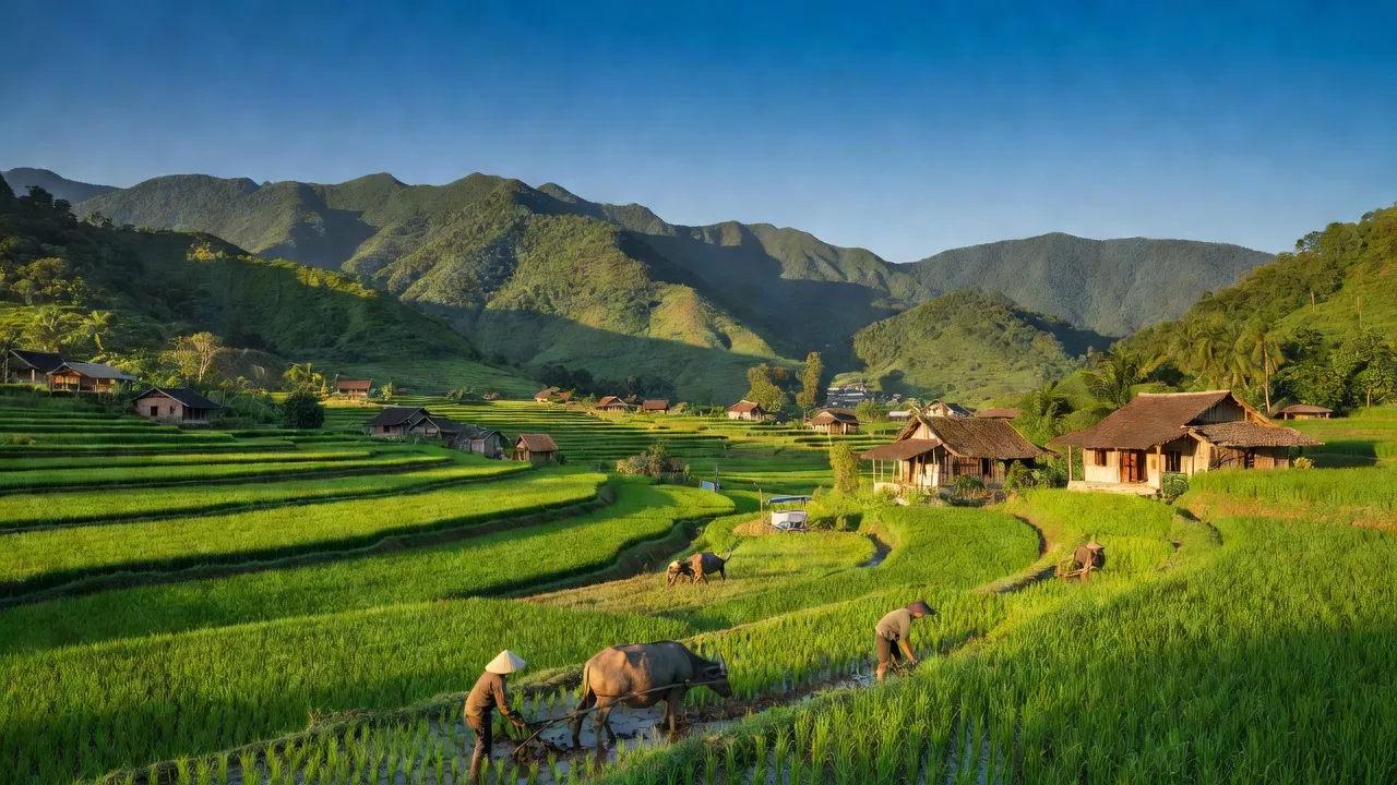 Khung cảnh thôn Thạch Đạn, huyện Cao Lộc, tỉnh Lạng Sơn, với đồi núi và đồng ruộng xanh tươi.