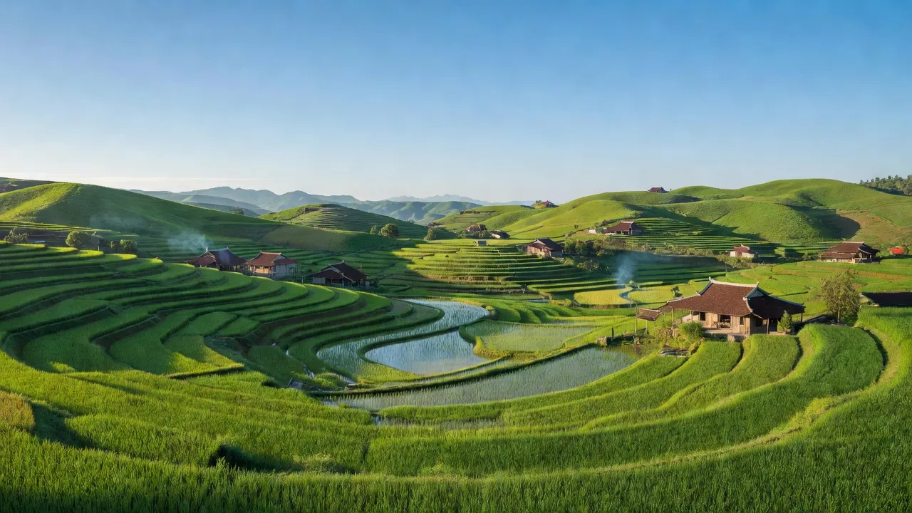 Phong cảnh yên bình của Xã Thụy Hùng, Huyện Cao Lộc, tỉnh Lạng Sơn với đồi núi và ruộng đồng.
