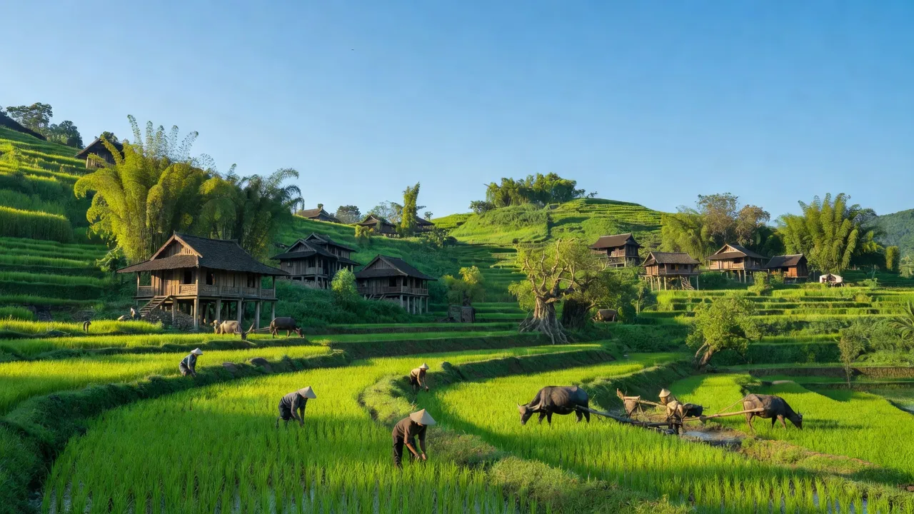 Khung cảnh yên bình của xã Xuân Long, huyện Cao Lộc với đồi núi xanh mướt và nhà gỗ truyền thống.