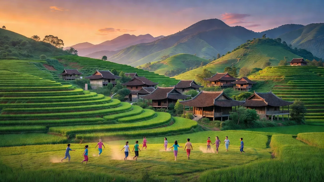 Toàn cảnh Xã Xuân Long với đồi núi, ruộng bậc thang và nhà truyền thống tại Lạng Sơn, Việt Nam.