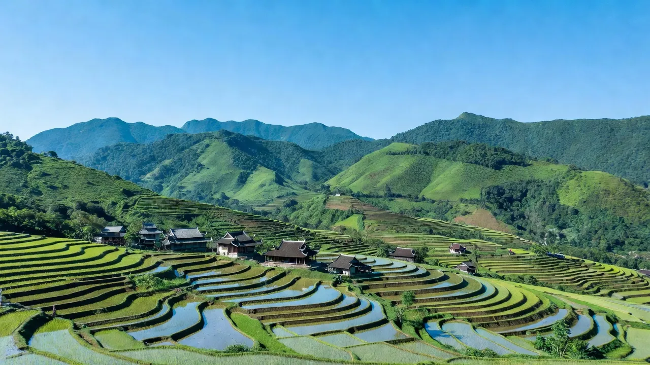 Khung cảnh huyện Chi Lăng, Lạng Sơn với núi non xanh tươi và ruộng bậc thang.