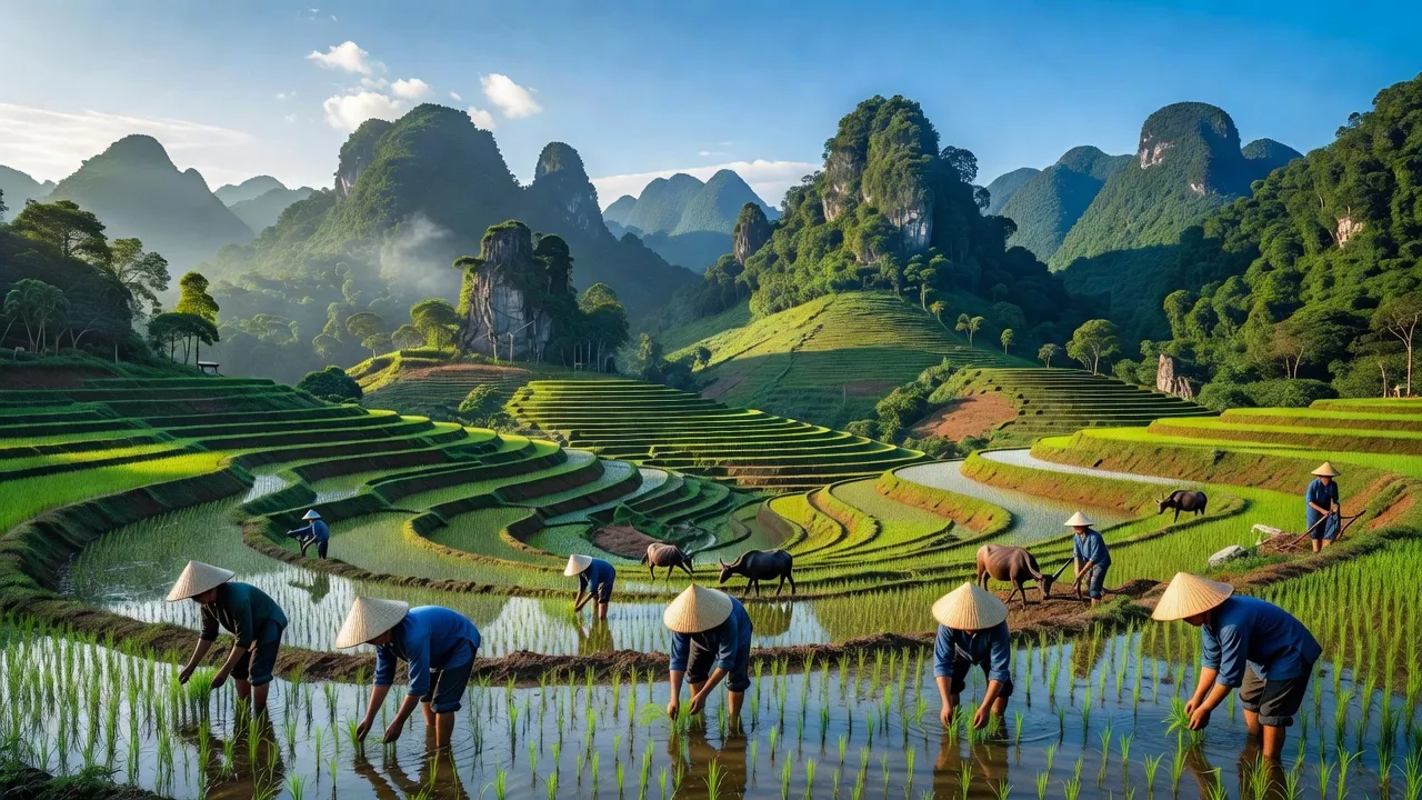 Khung cảnh huyện Chi Lăng, Lạng Sơn với núi non xanh tươi và ruộng đồng truyền thống.