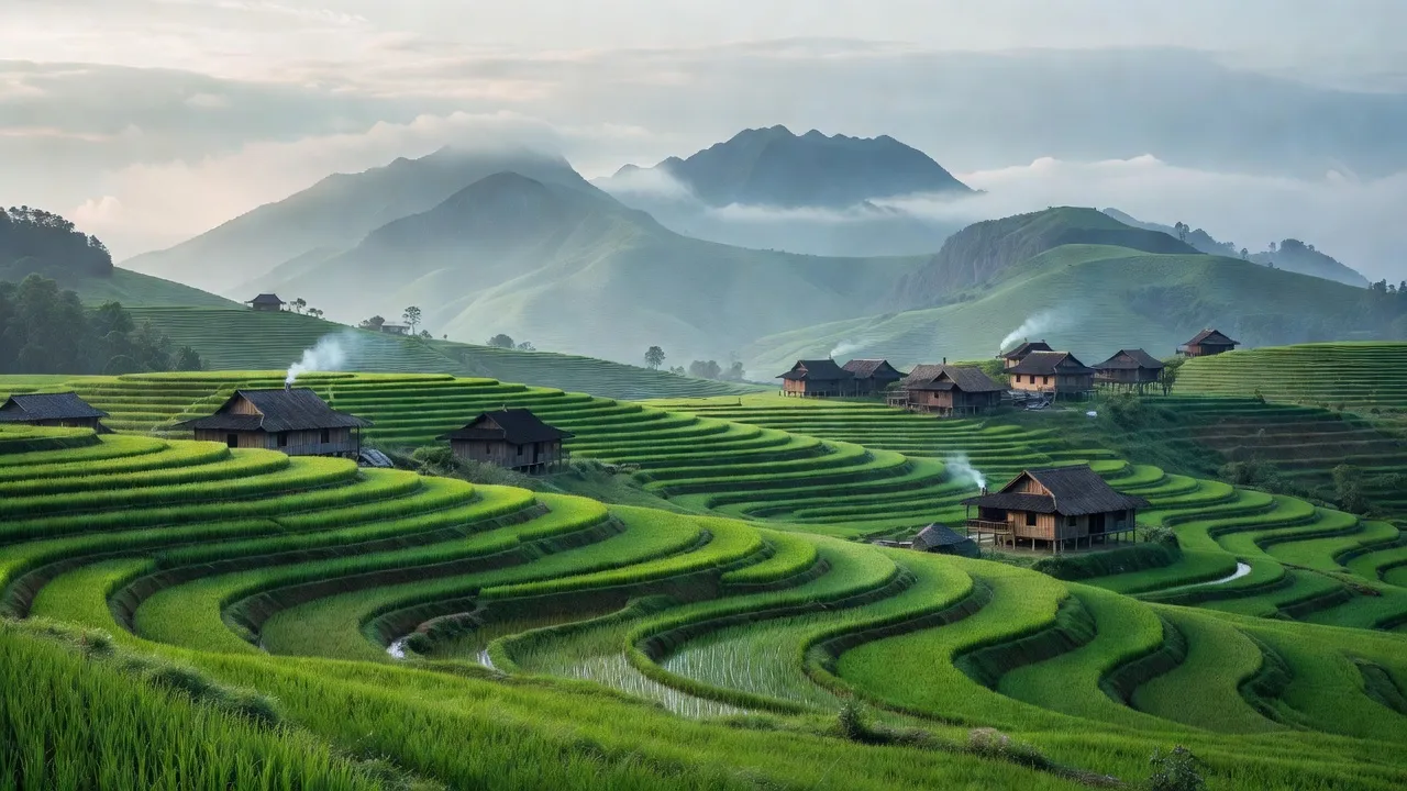 Cảnh quan Huyện Đình Lập, Lạng Sơn với đồi núi, nhà gỗ và không khí trong lành.