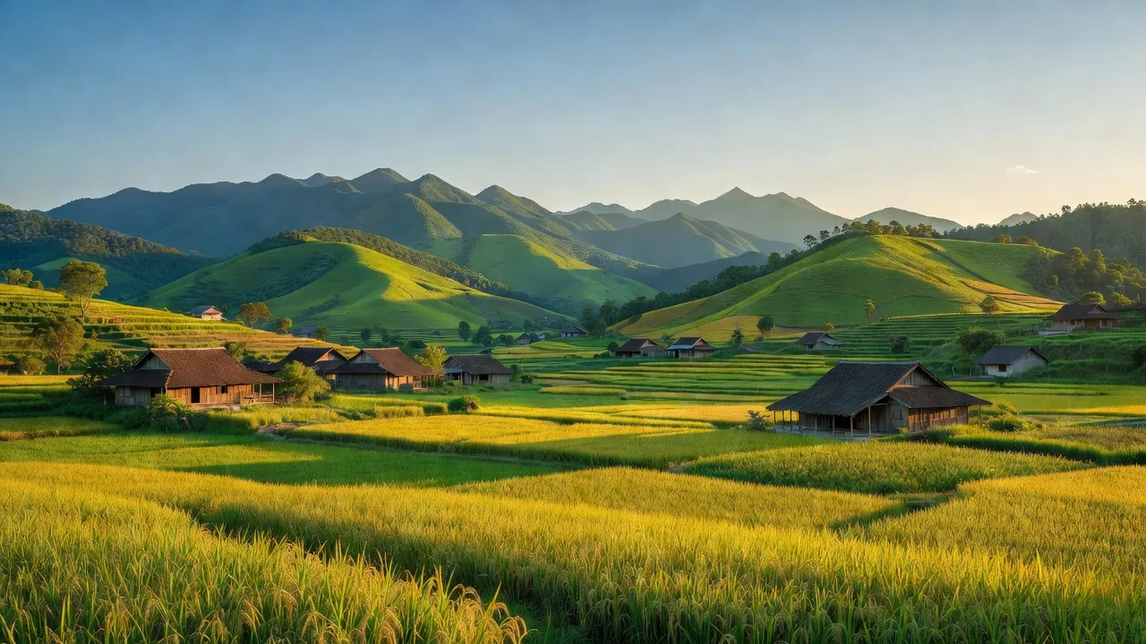Phong cảnh xã Kiên Mộc, huyện Đình Lập, Lạng Sơn với núi non, cánh đồng lúa và nhà truyền thống.