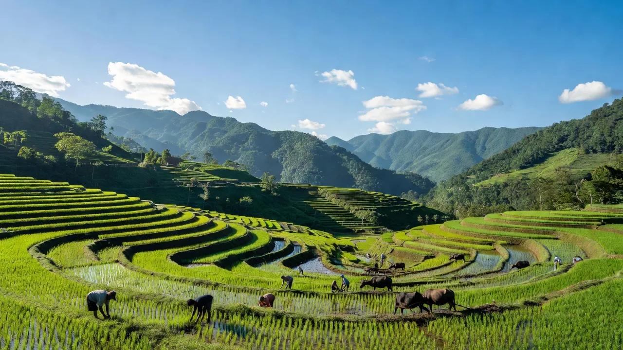 Huyện Hữu Lũng, Lạng Sơn, cảnh quan núi non xanh tươi, ruộng bậc thang và hoạt động nông nghiệp.