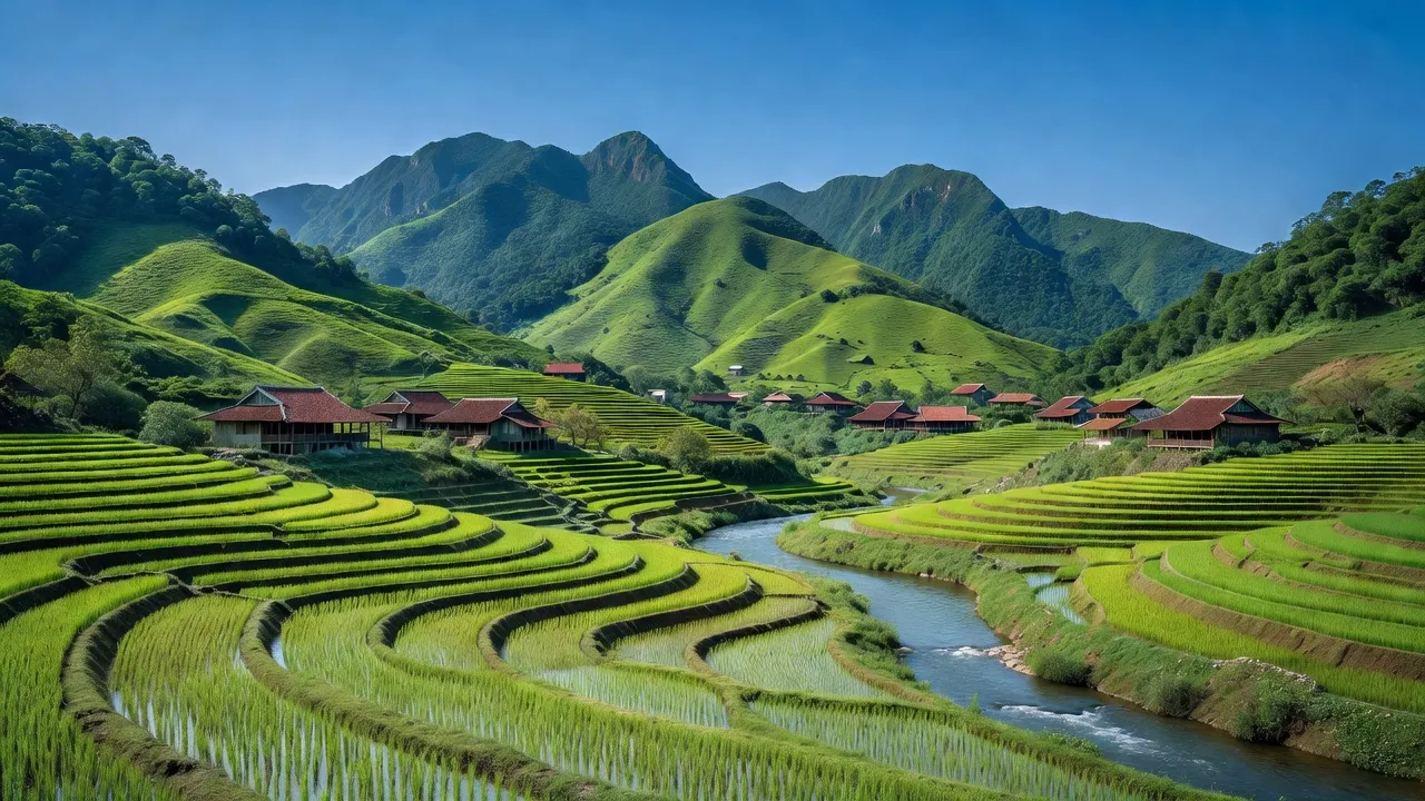 Cảnh sắc nông thôn xã Đồng Tân, huyện Hữu Lũng, tỉnh Lạng Sơn với núi xanh và ruộng bậc thang.