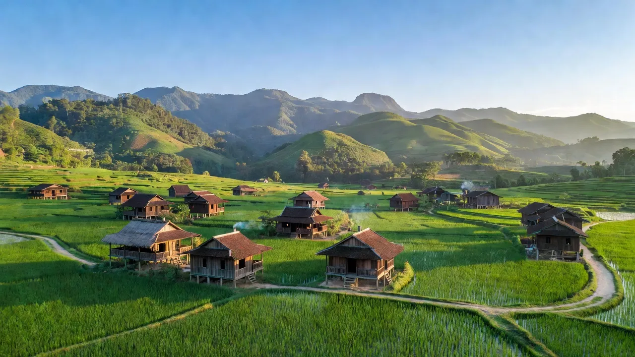 Cảnh đẹp xã Đồng Tiến, huyện Hữu Lũng, tỉnh Lạng Sơn với cánh đồng xanh và nhà truyền thống.