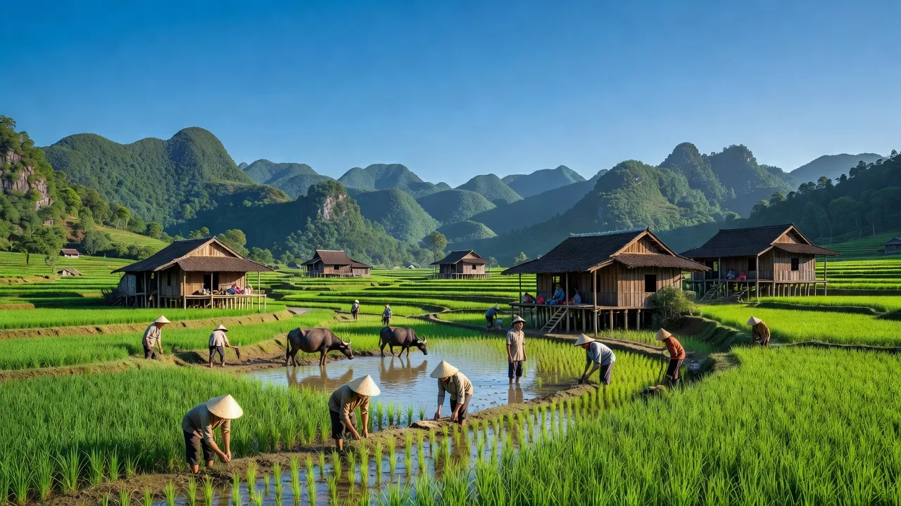 Cảnh quan Xã Đồng Tiến, Huyện Hữu Lũng, Lạng Sơn với cánh đồng xanh và nhà truyền thống.