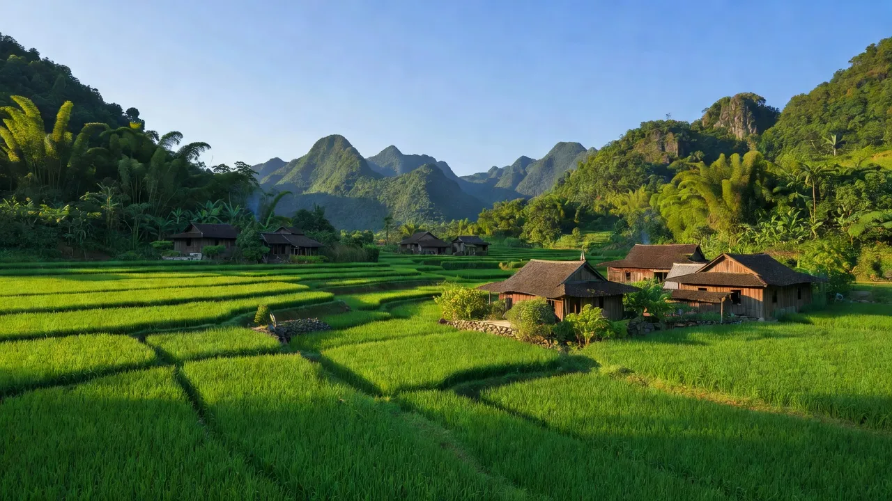 Khung cảnh Xã Hòa Lạc, Huyện Hữu Lũng, Tỉnh Lạng Sơn với cánh đồng lúa xanh tươi.