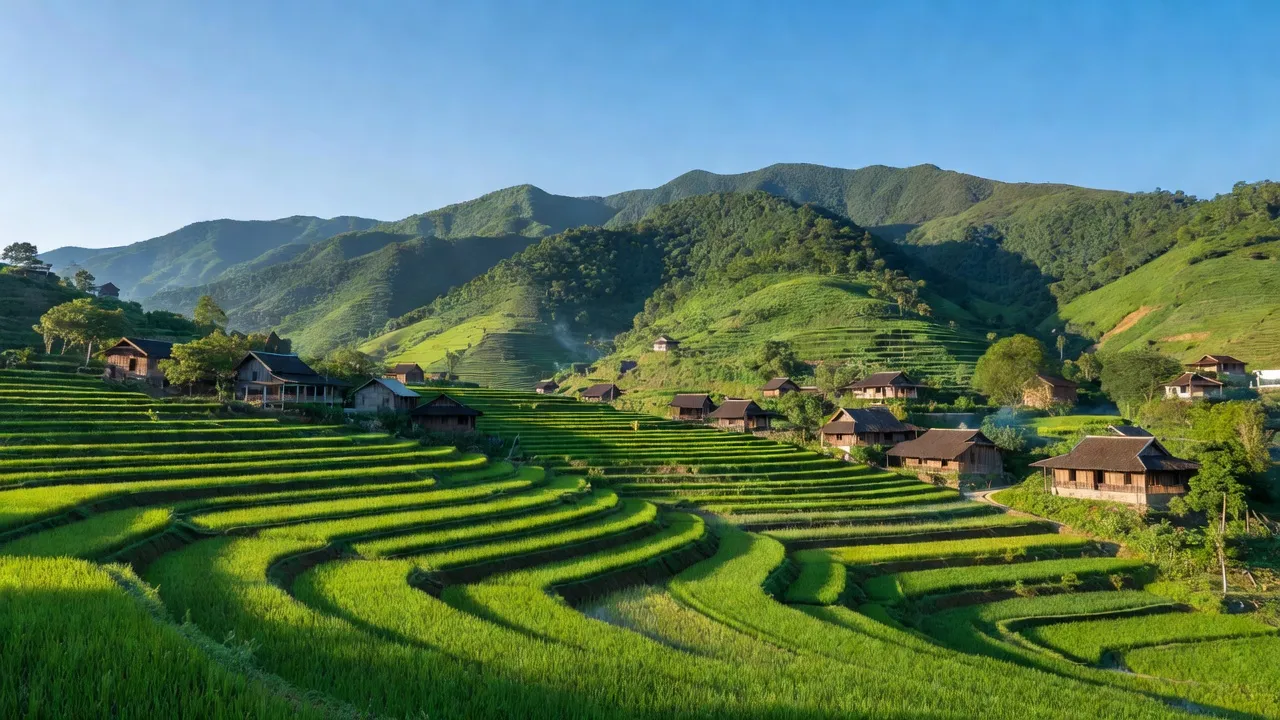 Khung cảnh Yên Vượng, huyện Hữu Lũng, Lạng Sơn với núi xanh và ruộng bậc thang.