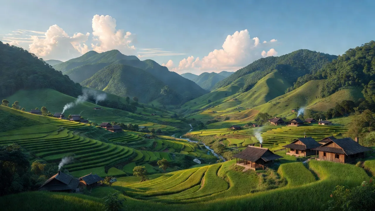 Khung cảnh huyện Lộc Bình, tỉnh Lạng Sơn với núi xanh, thung lũng và nhà truyền thống.