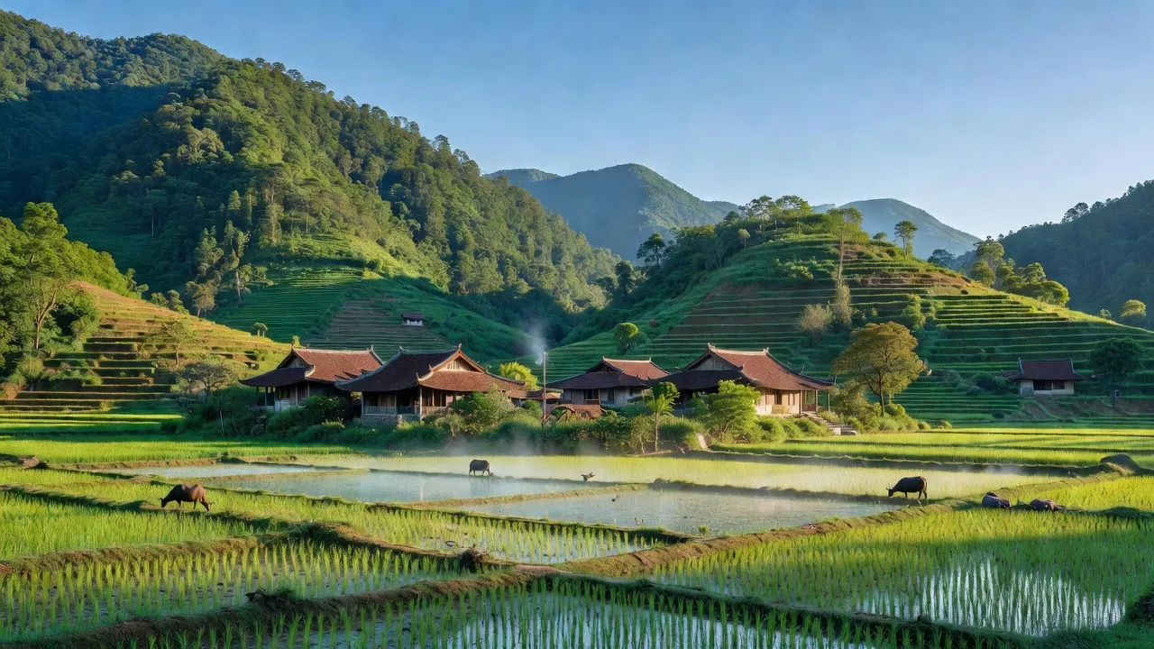 Cảnh quan Xã Ái Quốc huyện Lộc Bình, tỉnh Lạng Sơn với núi rừng và trời xanh.