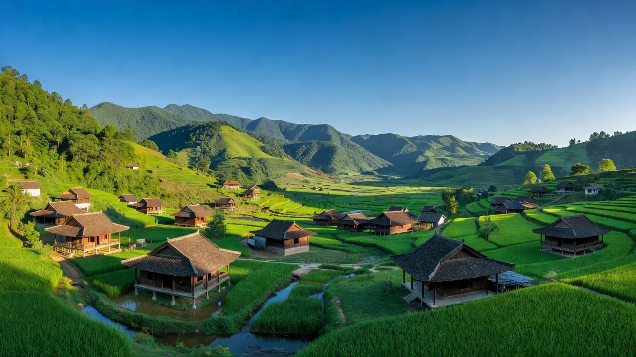 Khung cảnh làng Đông Quan thuộc huyện Lộc Bình, Lạng Sơn với núi và thung lũng xanh tươi.