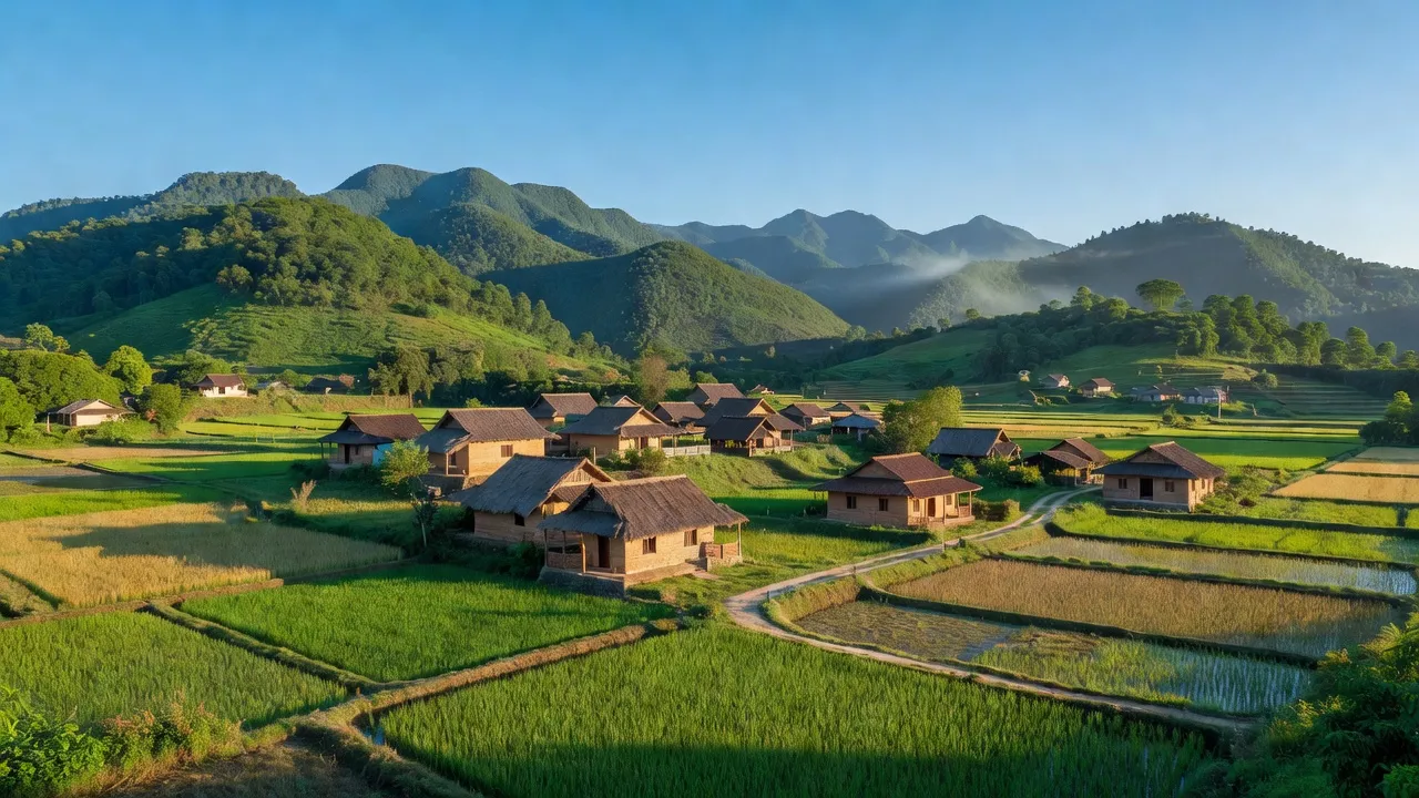 Cảnh đẹp Xã Hữu Lân, huyện Lộc Bình, Lạng Sơn, với núi xanh và nhà truyền thống.