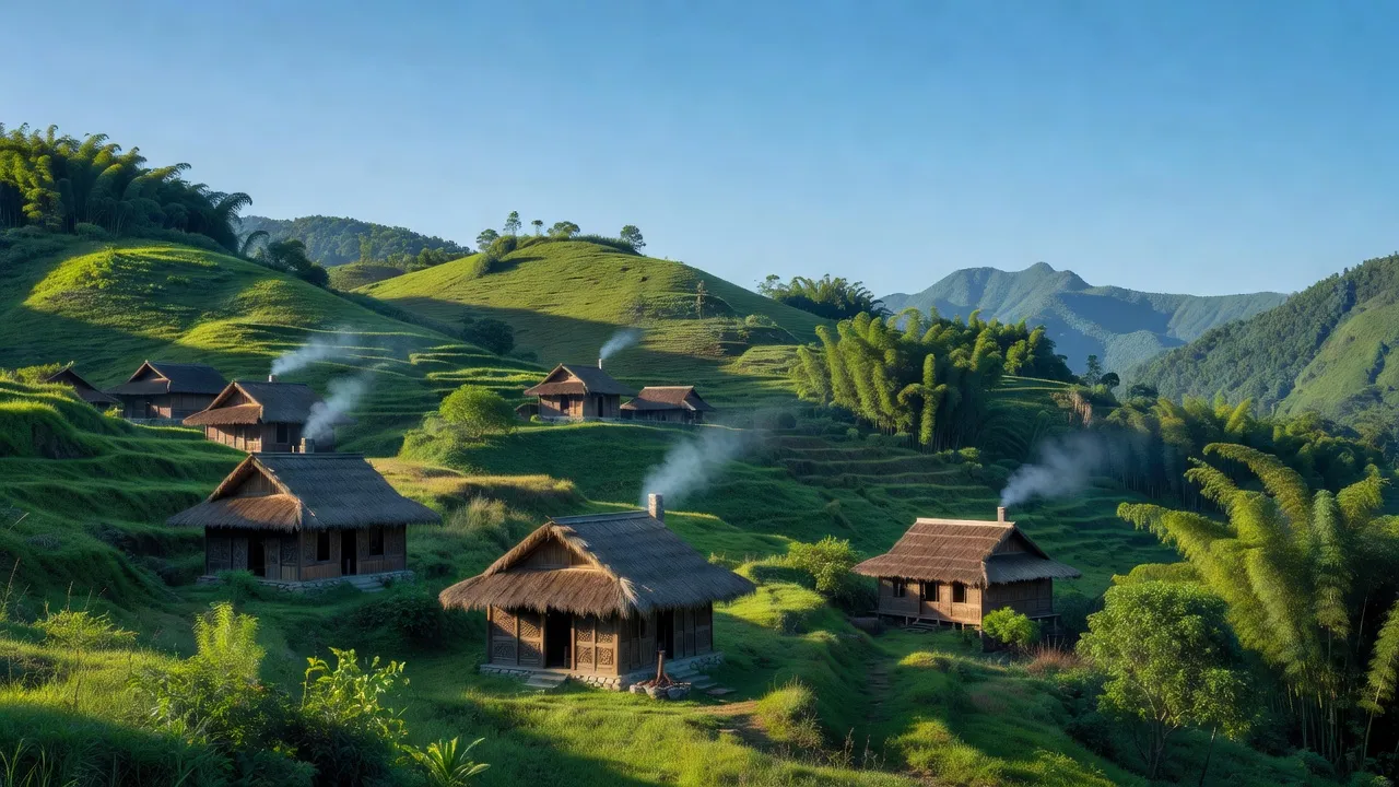 Cảnh đẹp xã Mẫu Sơn, huyện Lộc Bình, tỉnh Lạng Sơn với đồi núi và nhà truyền thống.