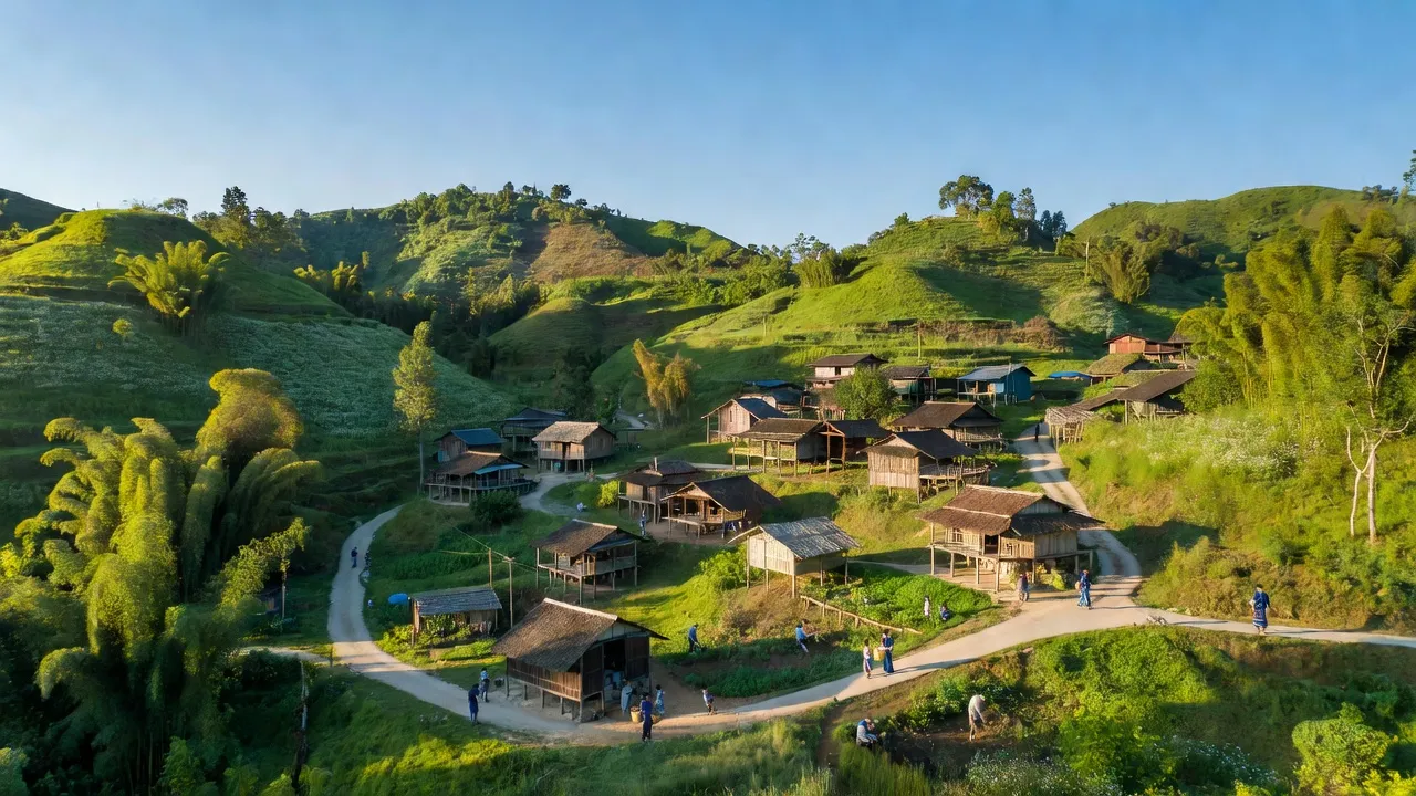 Khung cảnh huyện Tràng Định, Lạng Sơn với đồi núi, bầu trời xanh và văn hóa dân tộc thiểu số.