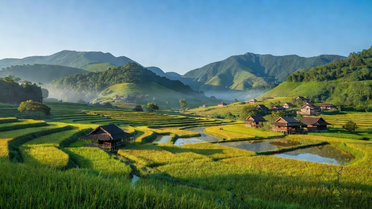 Khung cảnh huyện Tràng Định, Lạng Sơn với núi xanh, ruộng lúa và nhà truyền thống, đẹp tự nhiên.