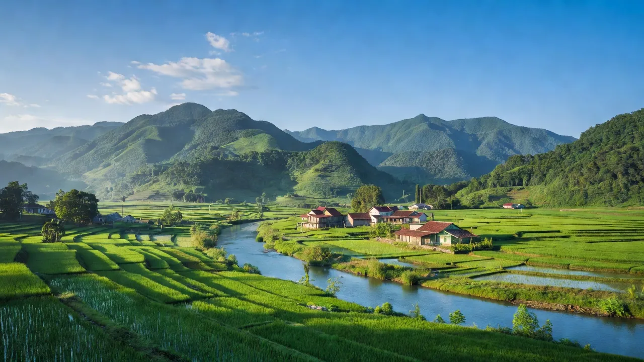 Khung cảnh Xã Đào Viên, huyện Tràng Định, tỉnh Lạng Sơn với núi xanh và đồng ruộng.