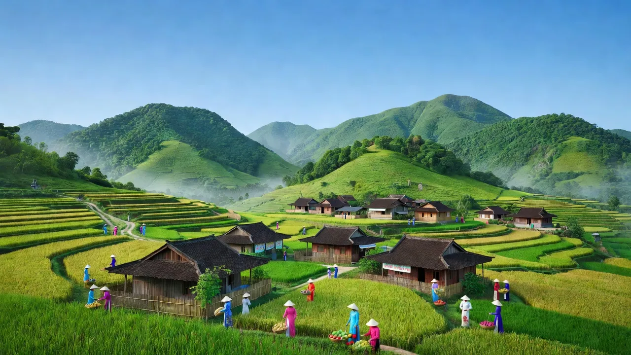 Khung cảnh Xã Đoàn Kết, huyện Tràng Định, tỉnh Lạng Sơn với núi xanh và nhà truyền thống.