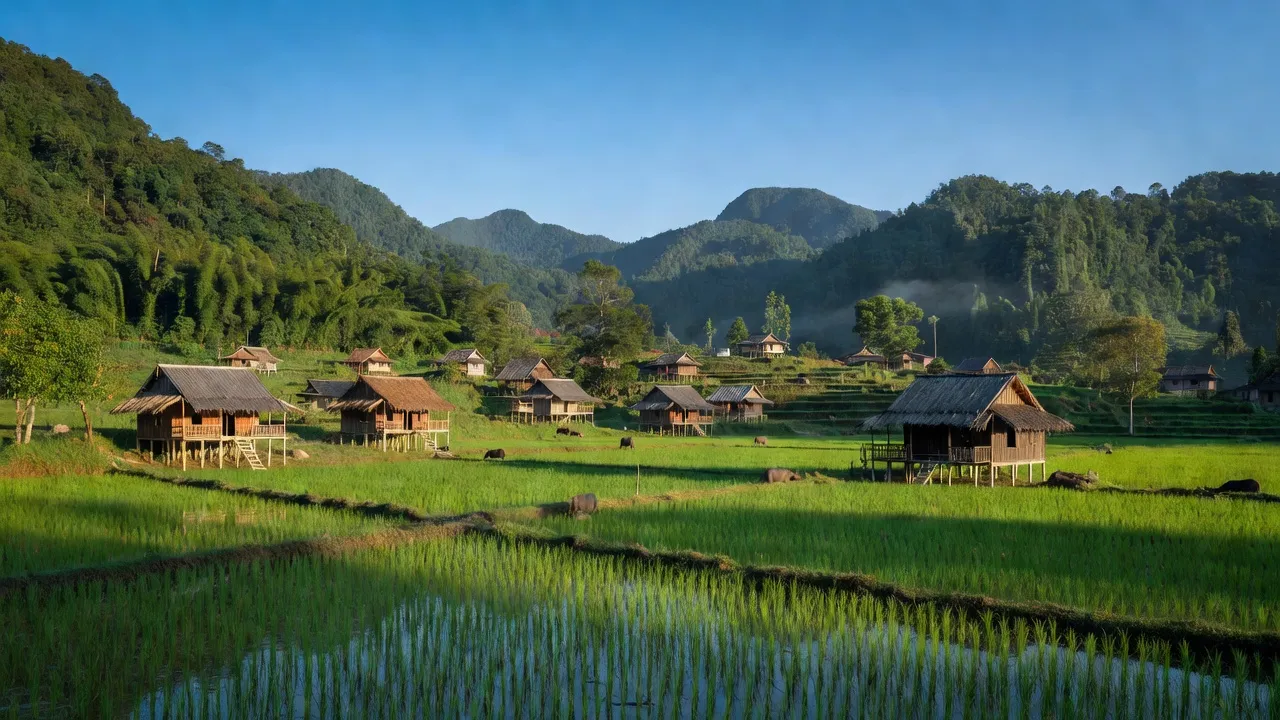 Cảnh đẹp xã Hùng Sơn, huyện Tràng Định, Lạng Sơn với núi, thôn bản và không gian yên bình.