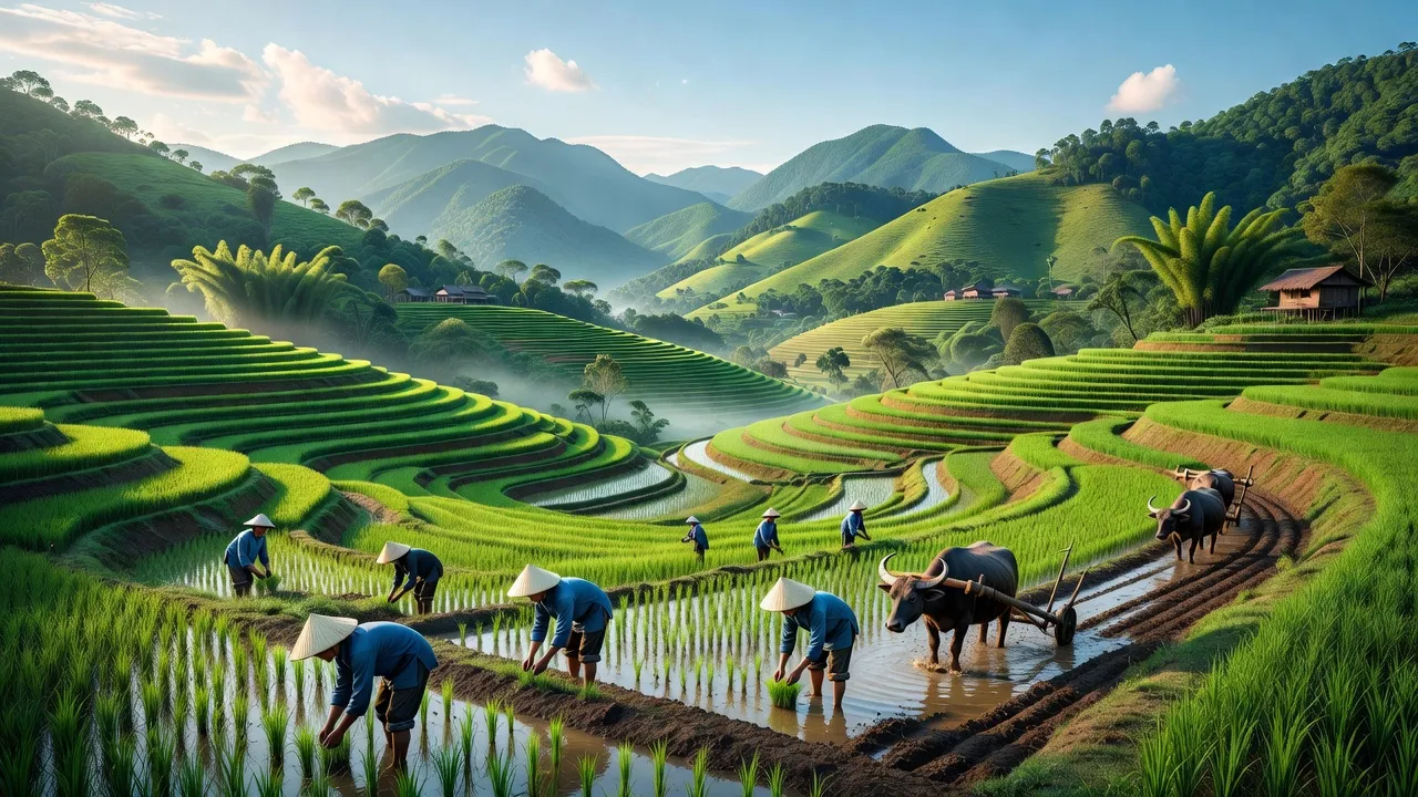 Cảnh đẹp huyện Văn Lãng, Lạng Sơn với núi xanh và hoạt động nông nghiệp truyền thống.