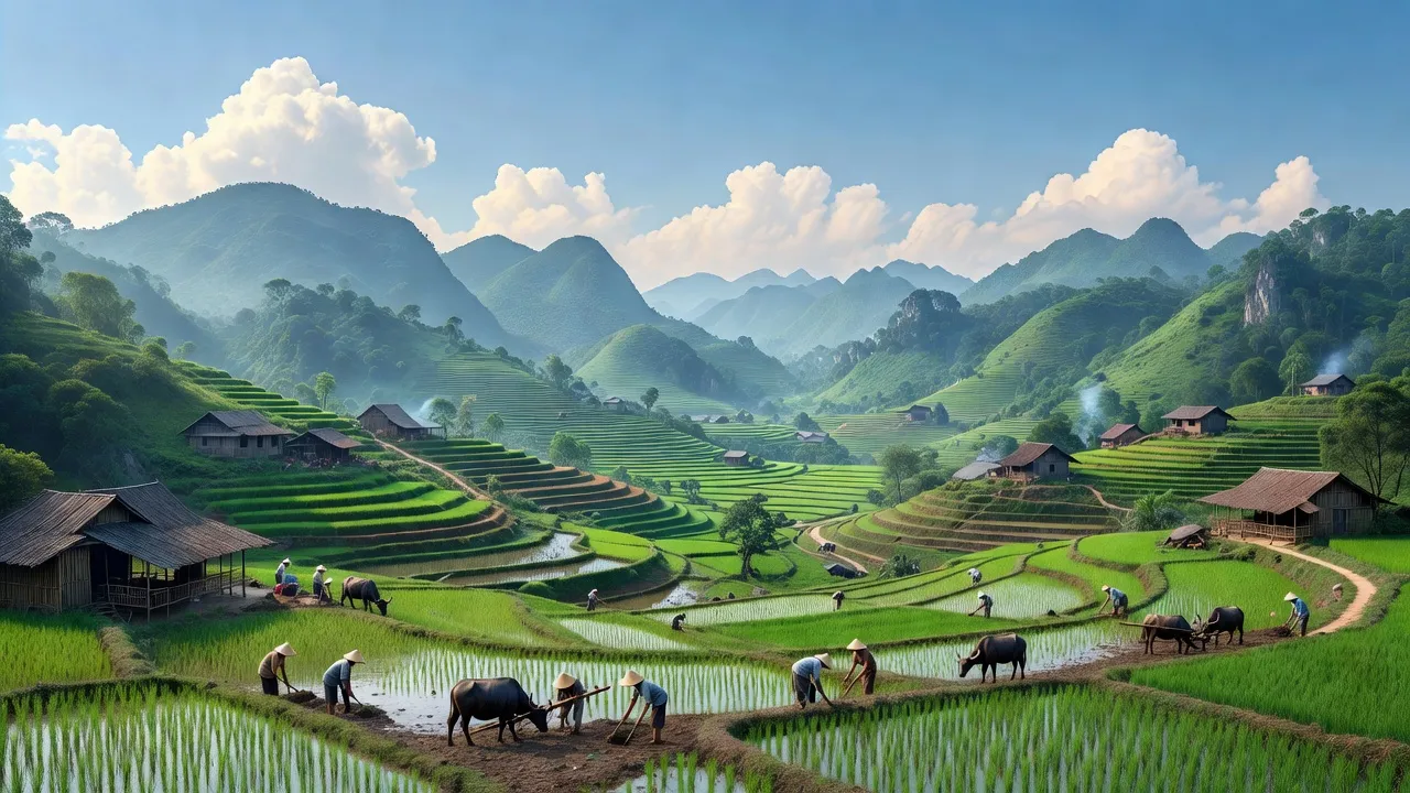 Khung cảnh huyện Văn Lãng, Lạng Sơn với đồi núi xanh và hoạt động nông nghiệp sống động.
