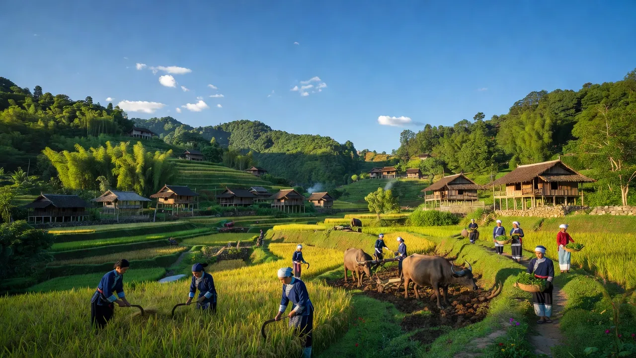 Xã Nhạc Kỳ, huyện Văn Lãng, Lạng Sơn với đồi núi, làng quê và hoạt động nông nghiệp khung cảnh bình yên.