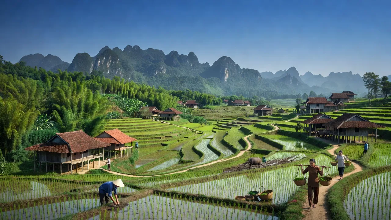 Khung cảnh huyện Văn Quan, Lạng Sơn với đồi núi xanh và nông nghiệp truyền thống.