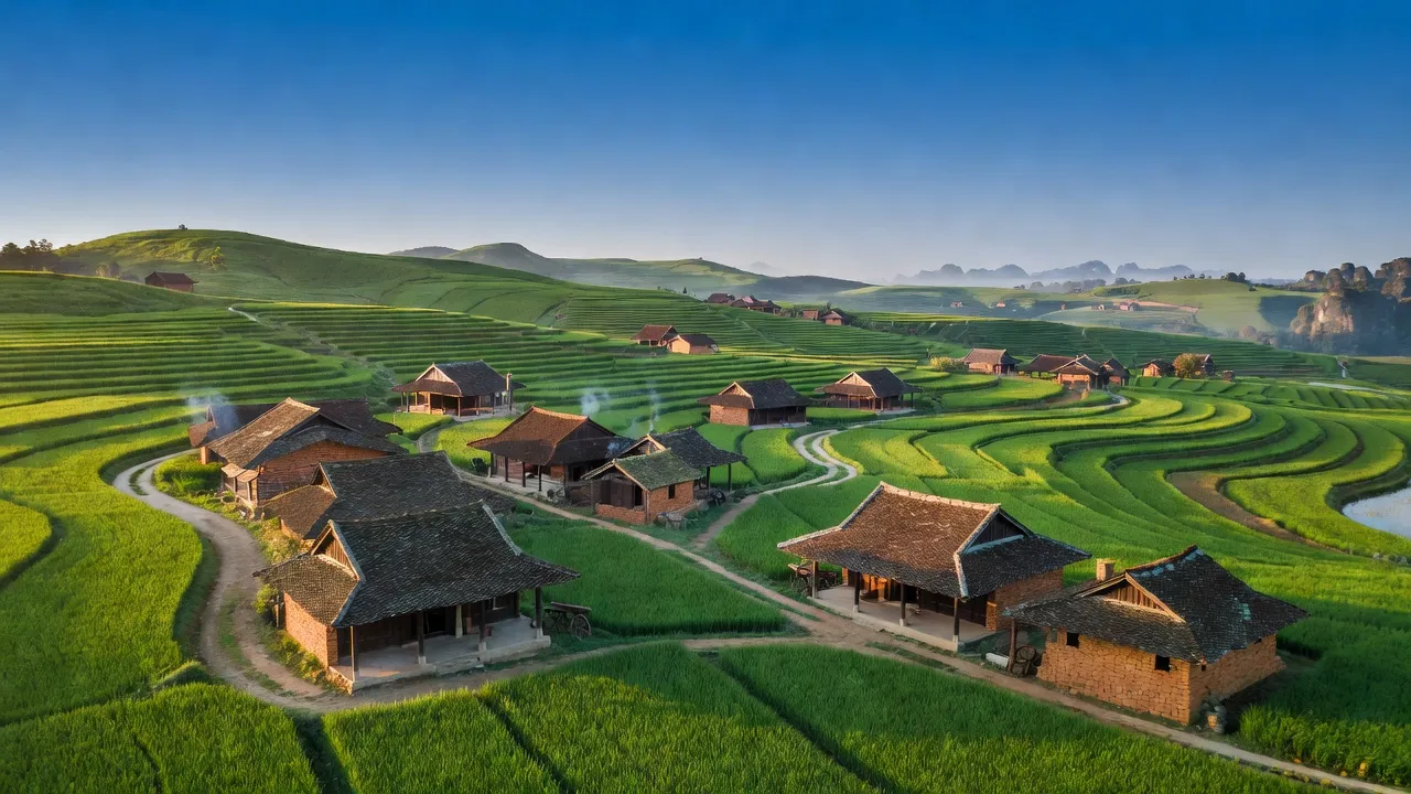 Cảnh đẹp xã Trấn Ninh huyện Văn Quan, Lạng Sơn với đồi núi và nhà cửa truyền thống.