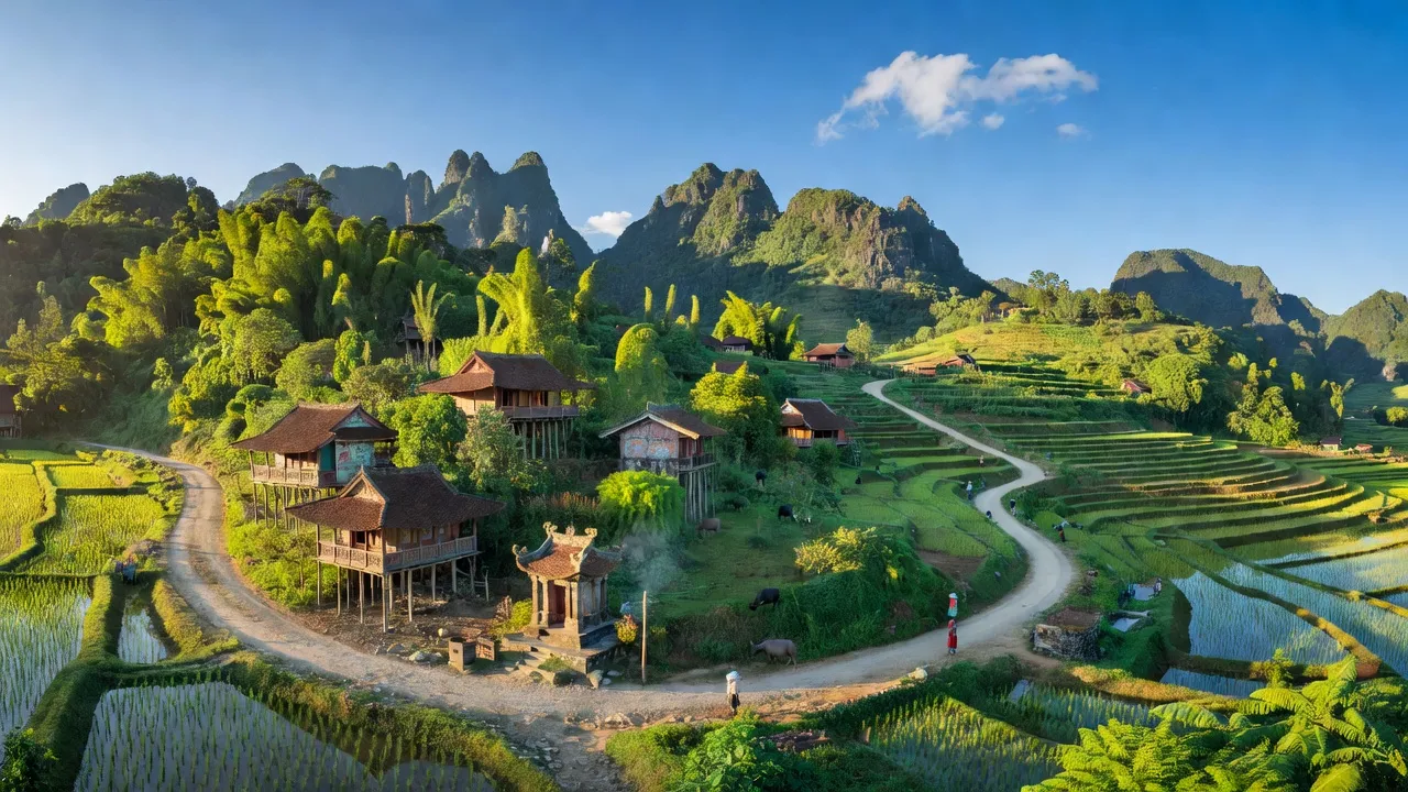 Khung cảnh đẹp tỉnh Lạng Sơn Việt Nam với núi non xanh tươi và kiến trúc truyền thống.