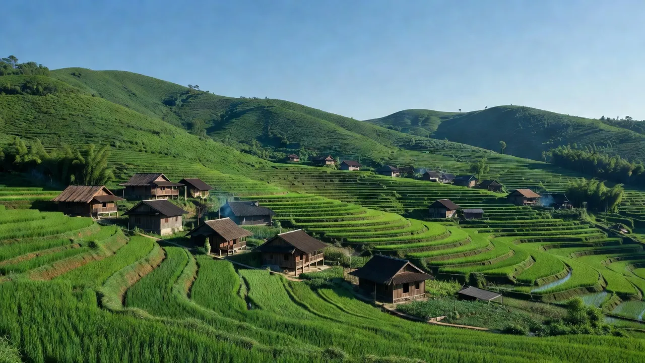 Khung cảnh yên bình xã Bản Cái, Bắc Hà với đồi xanh, ruộng bậc thang và nhà gỗ truyền thống.