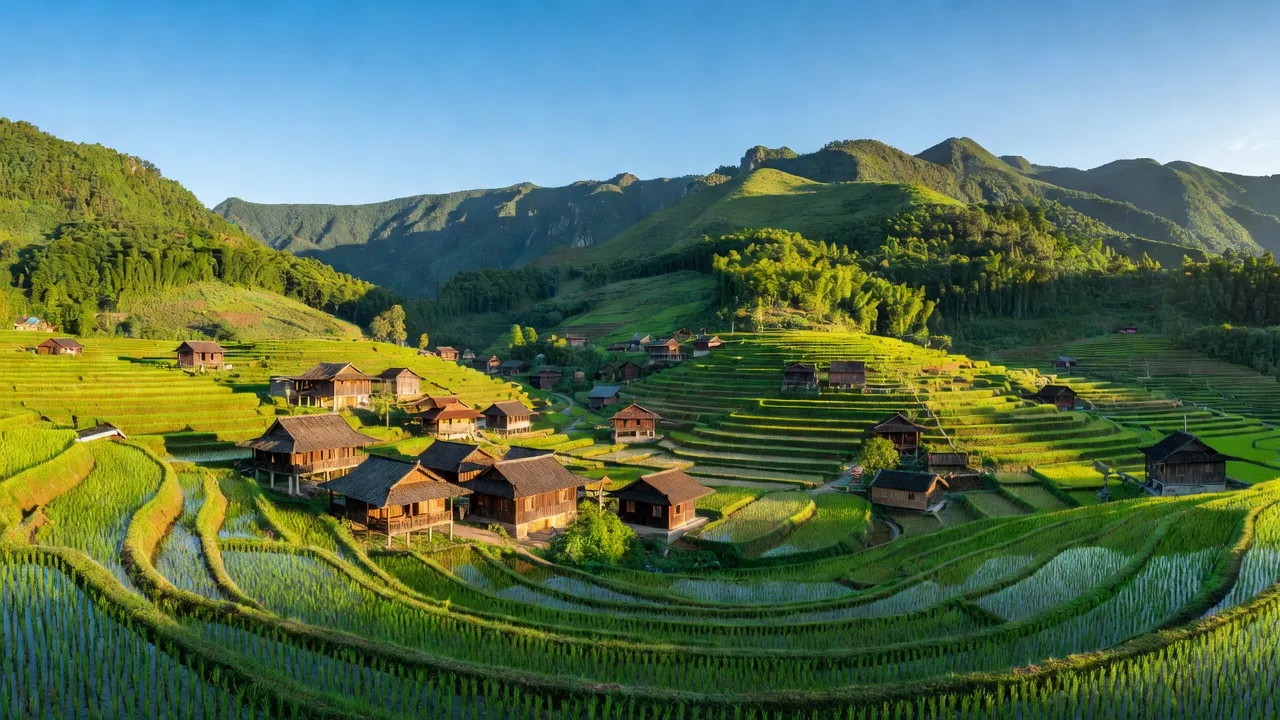 Cảnh sắc Xã Bản Liền, huyện Bắc Hà, Lào Cai với ruộng bậc thang và nhà truyền thống.
